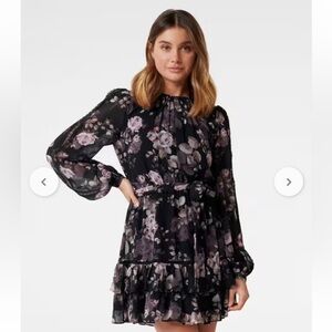 EVER NEW-Kelsey-Black Floral Long-Sleeve Tiered Mini Dress-NWT